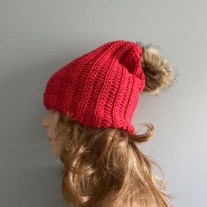 Crochet Beanie Hat with Pom Pom RED image 2