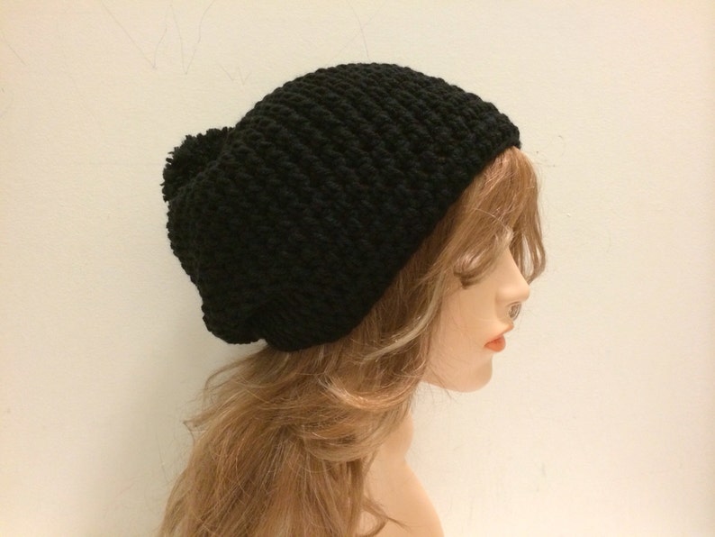 Crochet Slouchy Beanie Hat with POM POM BLACK