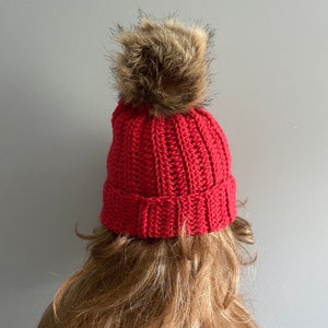 Crochet Beanie Hat with Pom Pom RED image 4