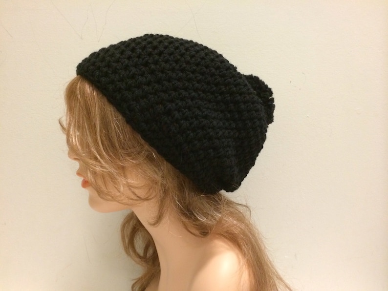 Crochet Slouchy Beanie Hat with POM POM BLACK