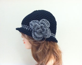 Crochet 20's style Cloche Hat - BLACK/GRAY