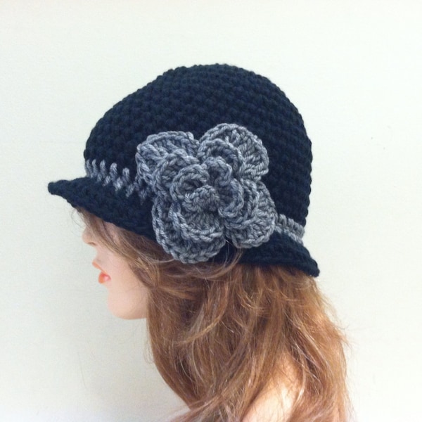 Crochet 20's style Cloche Hat - BLACK/GRAY