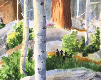 Art Print of Aspens: Watercolor Painting of Trees & Purple Wildflowers