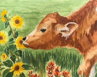 Calf and Sunflowers Watercolor Print: Farmhouse Wall Art
