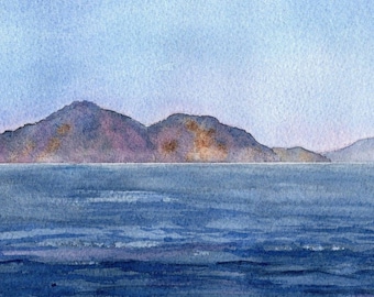 Greek Islands Watercolor Art Print: Mediterranean Seascape Painting