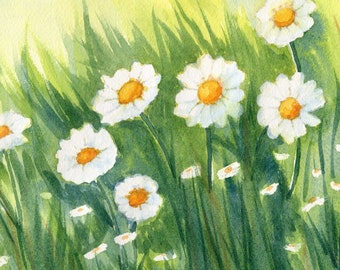 Daisy Watercolor Art Print, Flower Wall Art, Painting of White Daisies in a Meadow