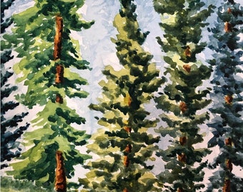 Pine Tree Art Print, Colorado Watercolor Painting of a Blue Spruce & Green Pine Tree Forest Painting, Wall Art