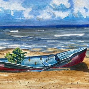 May include: Watercolor painting of a beached boat on a sandy shore. The boat is blue and red, with a small green bush growing inside. The ocean and sky are visible in the background, with blue water and white clouds.