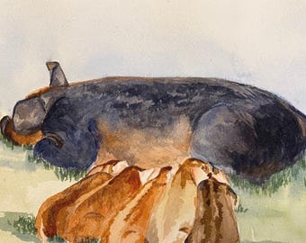 Nursing Piglets Watercolor Art Print: Whimsical Farmhouse Decor