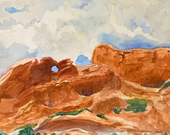 Colorado Watercolor Painting, Kissing Camels in Garden of the Gods Park, Mountain Wall Art Print