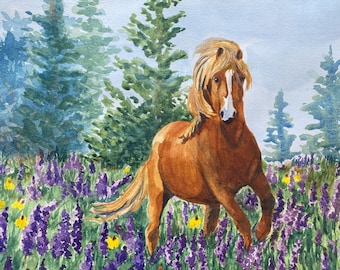 Galloping Horse Watercolor Painting in Wildflower Meadow Art Print