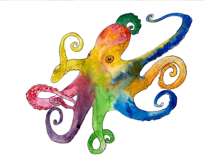 Octopus Print II, Watercolor Painting Using Red, Green, Purple, Magenta, Yellow for a Fun Painting for a Child's Bedroom or Bathroom.