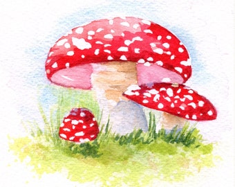 Red Toadstool Watercolor Print, Botanical Mushroom Wall Art for Home, Nursery, Kitchen Decor