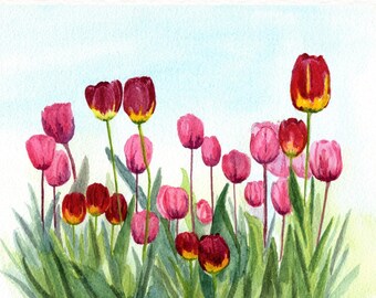 Watercolor Tulip Art Print: Pink & Red Floral Botanical Artwork