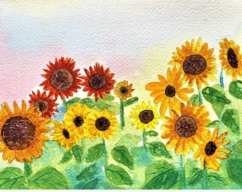 Sunflower Art Print, Watercolor Painting of a Variety of Colored Sunflowers, Wildflower Art, Garden Wall Art, Watercolor Painting