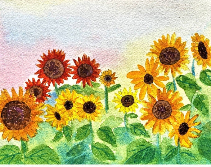 Sunflower Art Print, Watercolor Painting of a Variety of Colored Sunflowers, Wildflower Art, Garden Wall Art, Watercolor Painting