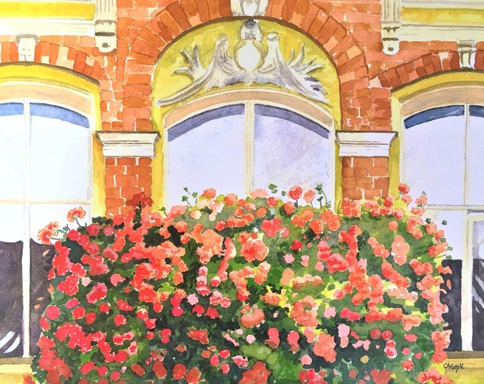 Watercolor Print of Red Geraniums in a Window Garden, Watercolor Wall Art, 8x10 Print, 11x14 Print, 12x16 Print