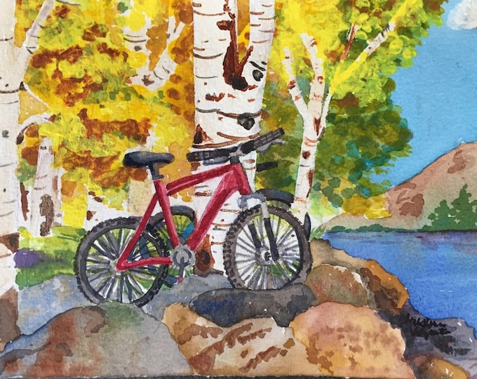 Art Print, Watercolor Painting of Catamount Lake in the Fall with Mountain Bikes Resting Against an Aspen Tree