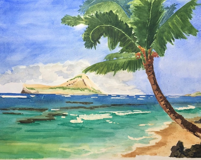 Hawaii Watercolor Print, Beach Decor, Coastal Wall Art, Watercolor Painting of Rabbit Island off of Oahu, Hawaii