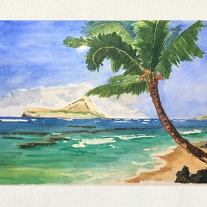 Hawaii Watercolor Print, Beach Decor, Coastal Wall Art, Watercolor Painting of China Man's Hat off of Oahu, Hawaii