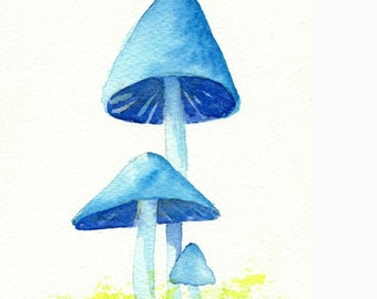 Blue Watercolor Wall Art Print, Watercolor Painting of Blue Mushrooms in Green Moss