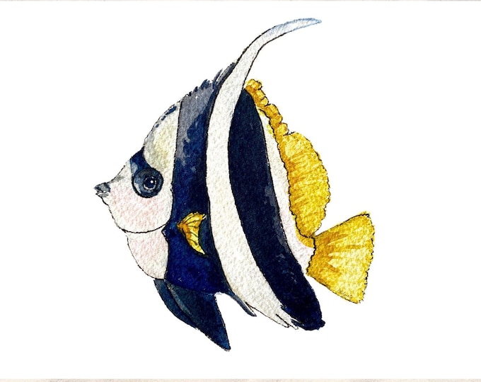 Butterfly Fish Art Print, Watercolor Painting of a Beautiful Black, White & Yellow Aquarium Fish, Painting, Wall Decor