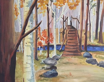 Wall Art Print, Watercolor Painting of a Hiking Area in an Aspen & Pine Forest with a Wooden Bridge.