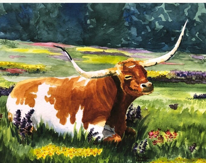Texas Longhorn Art Print from Original Painting of a Cow Napping in a Meadow, Watercolor Wall Art, Print Titled "Tex, The Sleepy Longhorn"