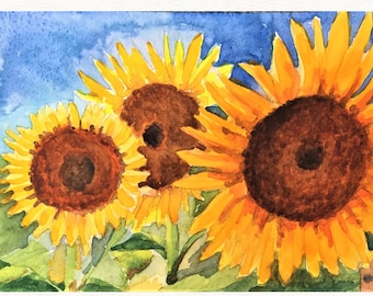 Watercolor Painting of Three Flowers, Yellow Sunflower Art Print For Home Decor