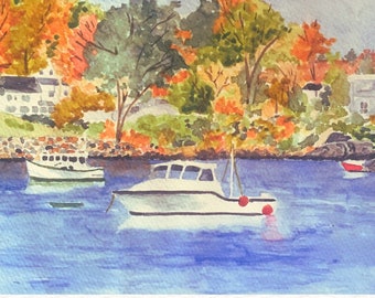 Ocean Art Print, Watercolor Painting of Connecticut, Nautical Wall Art, Seascape Painting, Boat Art