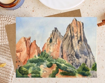 Mountain Card, Art Card made from original watercolor painting of Cathedral Rock, Colorado Springs, Personalized 5x7 Greeting Card.