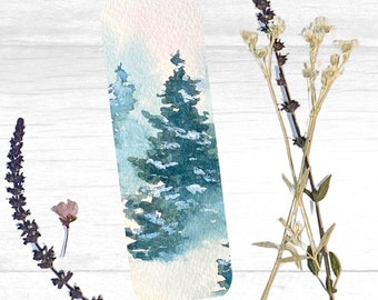 Winter Scene Bookmark, Snow Art Printed from Watercolor Painting of Snowy Pine Tree Mountain Landscape