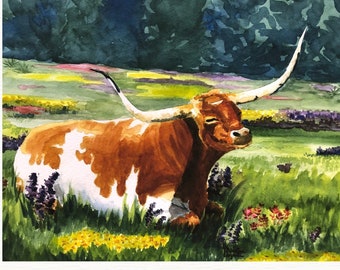 Texas Longhorn Art Print from Original Painting of a Cow Napping in a Meadow, Watercolor Wall Art, Print Titled "Tex, The Sleepy Longhorn"