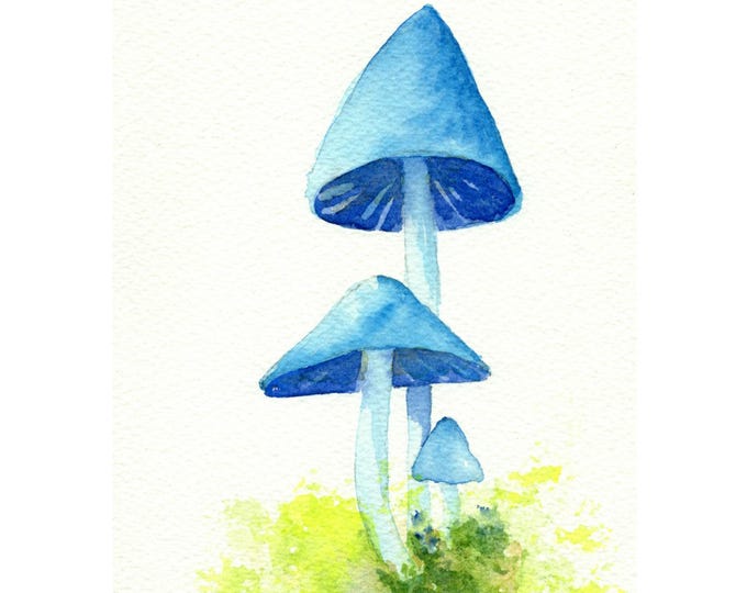 Blue Mushroom Watercolor Print: Mossy Forest Art by Christina Vilgiate