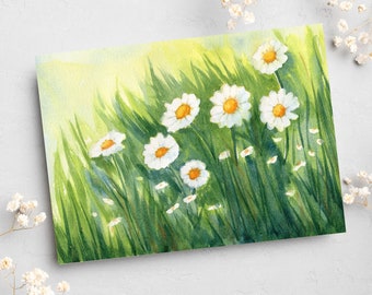 Daisy Card, Digital Download from Original Watercolor Painting of White Daisies in a Green Meadow Perfect for a Birthday or Wedding Invite