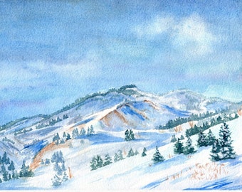 Winter Watercolor Art Print, Painting of Snow-Covered Mountains Dotted with Evergreen Pine Trees