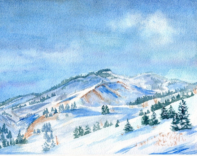 Winter Watercolor Art Print, Painting of Snow-Covered Mountains Dotted with Evergreen Pine Trees