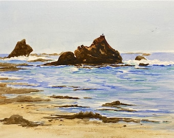 Beach Art Print, Coastal Landscape Painting, Blue Ocean Wall Decor