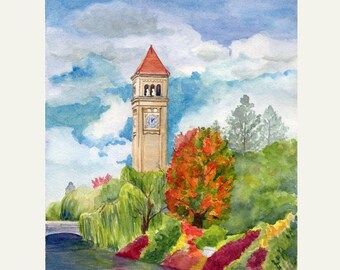 Clock Tower Art Print: Watercolor Painting of Riverfront Park in Spokane Washington