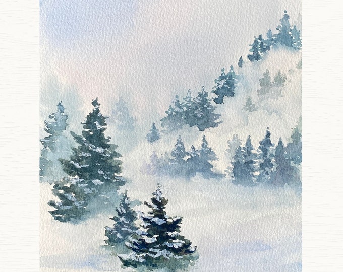 Misty Pine Tree Watercolor Print: Winter Mountain Landscape