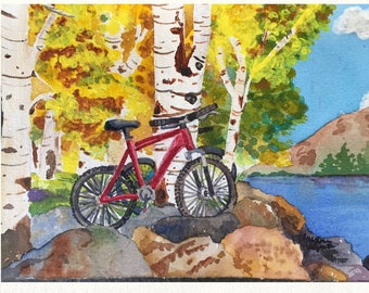 Colorado Lake Watercolor Art Print: Mountain Bike & Aspen Tree by Christina Vilgiate