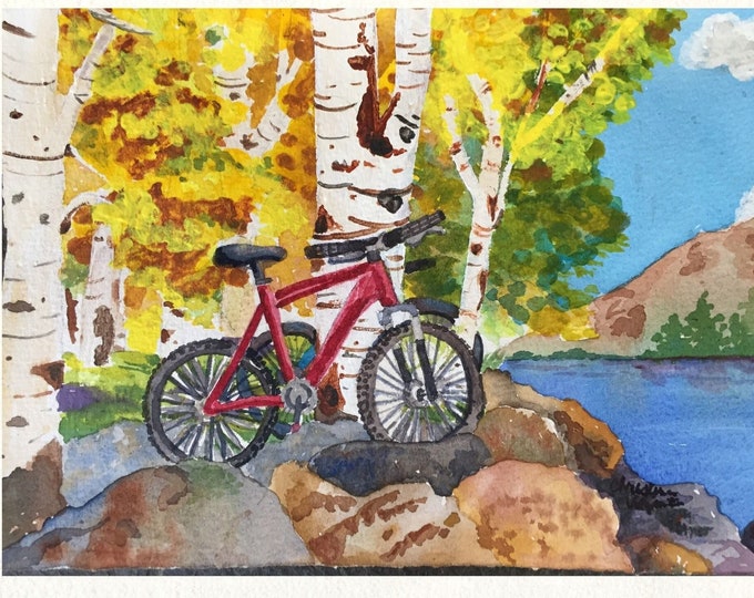 Colorado Lake Watercolor Art Print: Mountain Bike & Aspen Tree by Christina Vilgiate