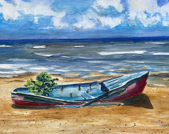 Belize Watercolor Print, Landscape Painting of an Old Boat on a Tropical Beach