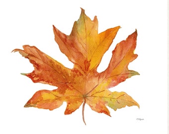 Fall Maple Leaf Art Print, Watercolor Painting of a Golden Leaf