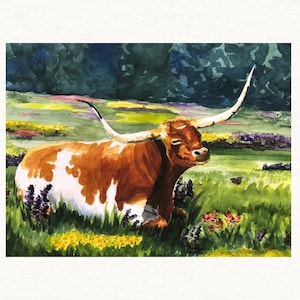 Texas Longhorn Watercolor Art Print: Sleepy Cow in Meadow