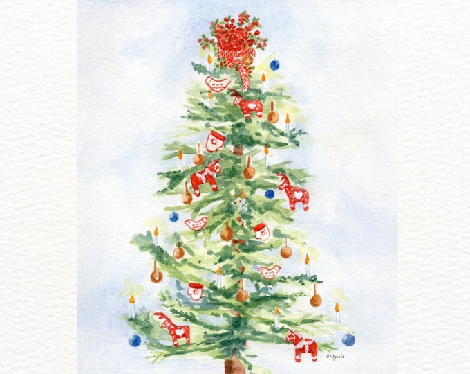 Sweden Christmas Tree Painting, Watercolor Print, Holiday Wall Art, Scandinavian Christmas Tree Painting