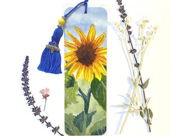 Sunflower Bookmark, Watercolor Bookmark, Book Lover Gift, Painting of a Yellow Sunflower