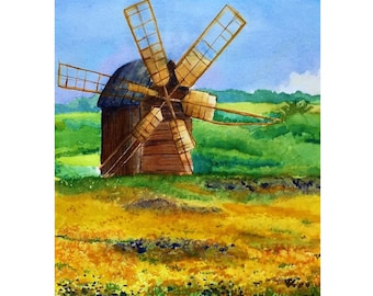 Ukraine Windmill Watercolor Print, Flower Field Art