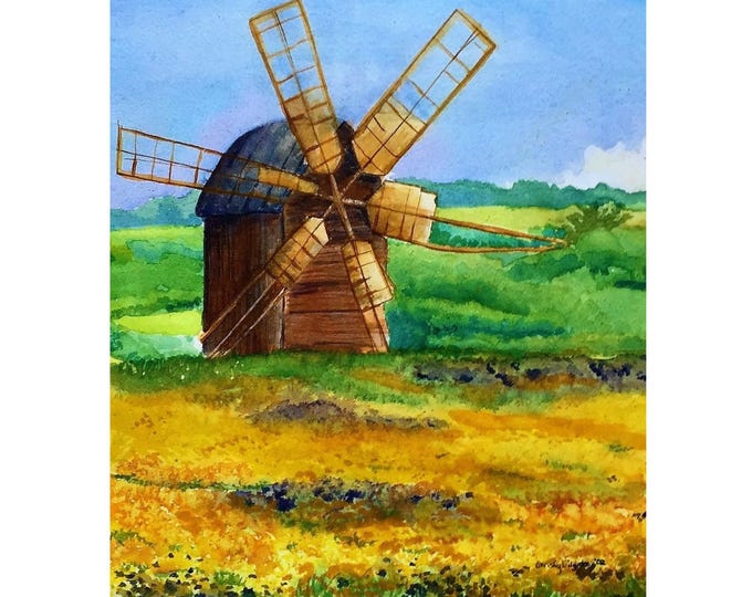Ukraine Windmill Watercolor Print, Flower Field Art