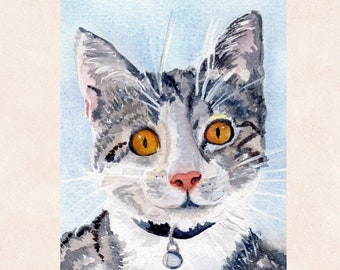 Cat Print, Watercolor Painting of a Grey Tabby Cat Gazing at You, Animal Wall Art
